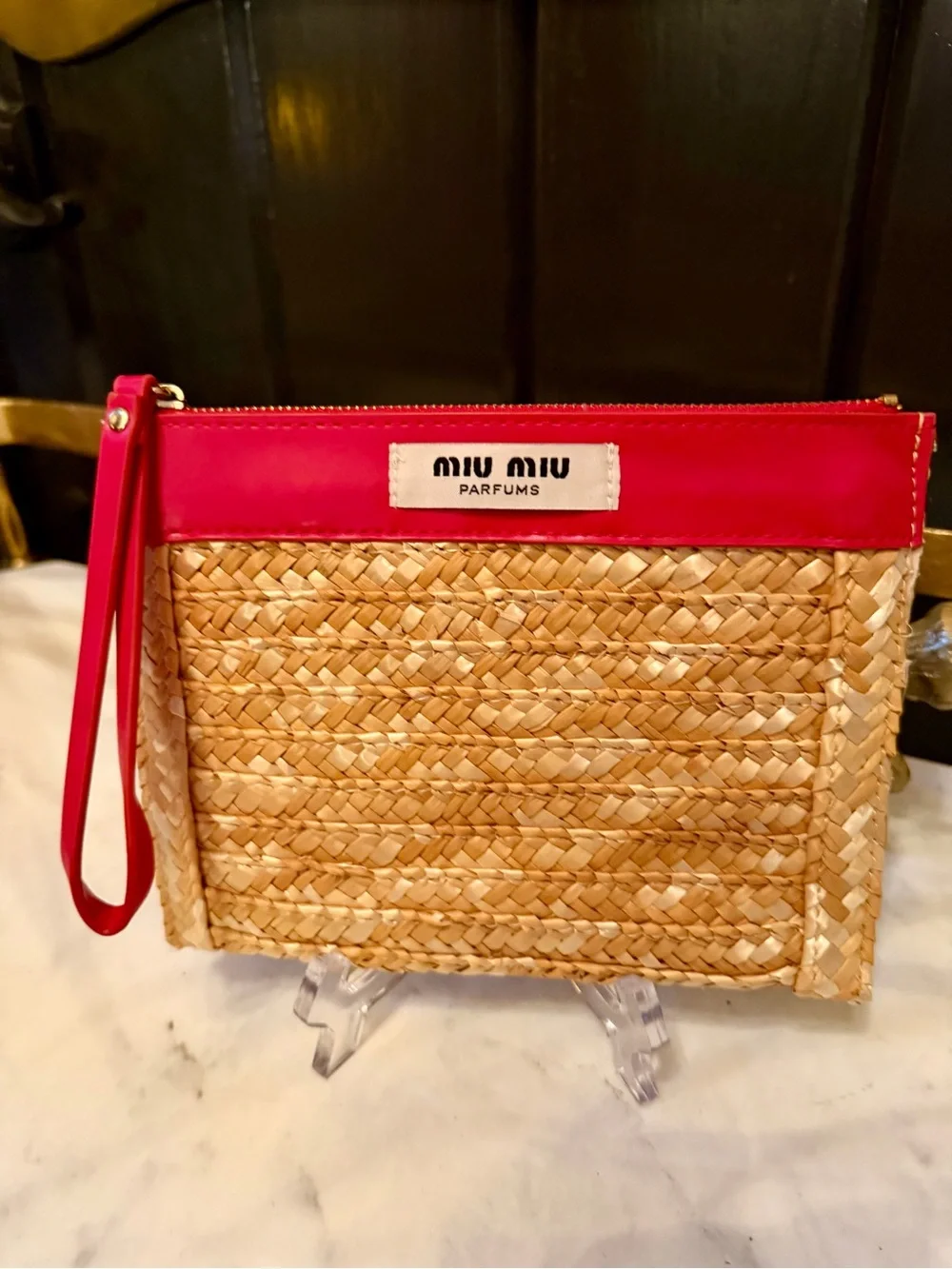 Authentic Miu Miu VIP Beauty natural raffia woven wristlet wallet card holder